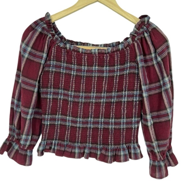 Moon River Plaid Red Purple Smocked‎ Off Shoulder Crop Top - Picture 1 of 11